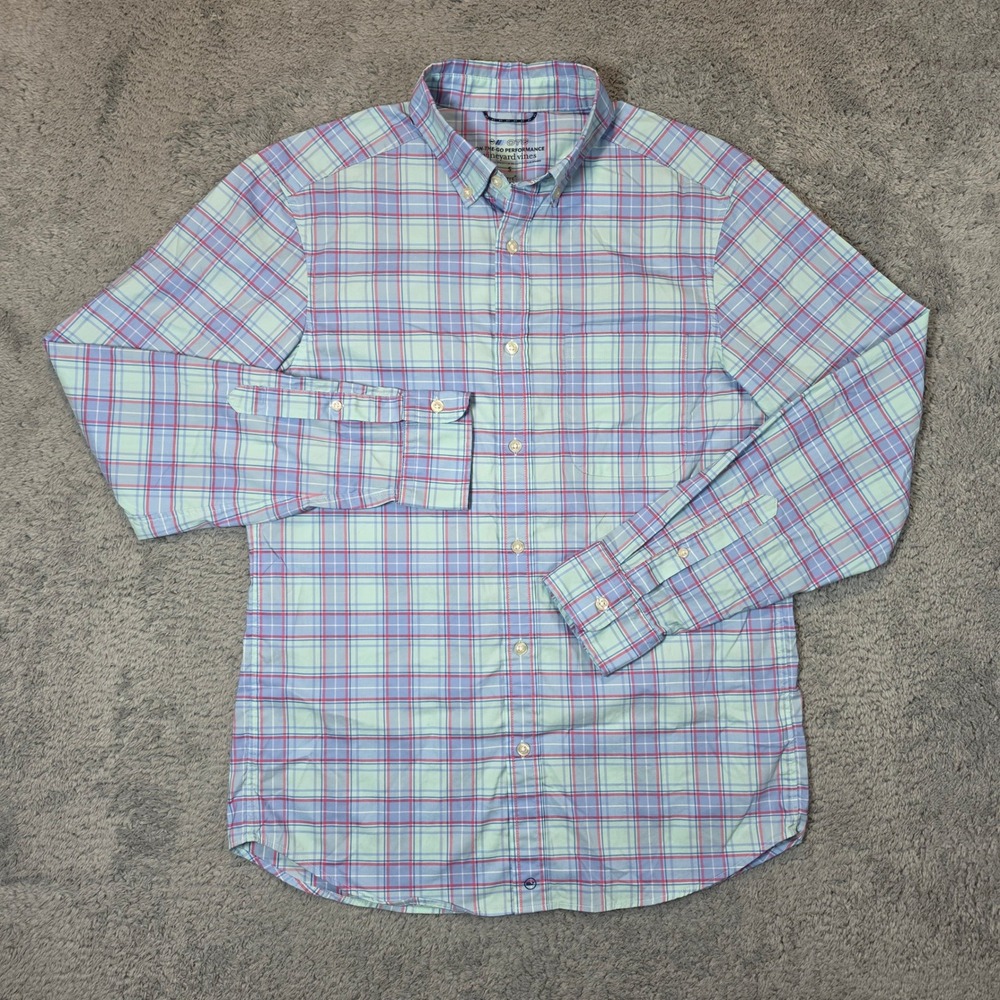 Vineyard Vines Performance Shirt Mens S Blue Plaid OTG brrr Cooling Button Down - Picture 2 of 9
